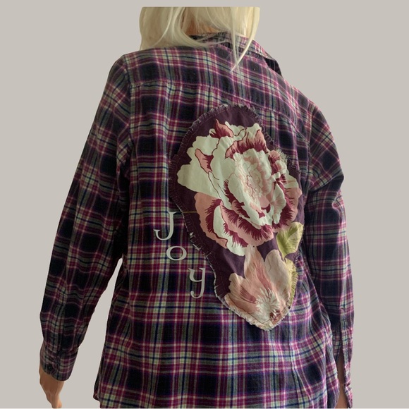 Upcycled Purple Flannel Button Down with Homemade Floral Appliquép on Back - Picture 2 of 10